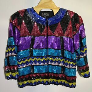 Vintage Joseph Le Bon Womens X3 Multicolor Silk‎ Sequined Beaded Evening Jacket